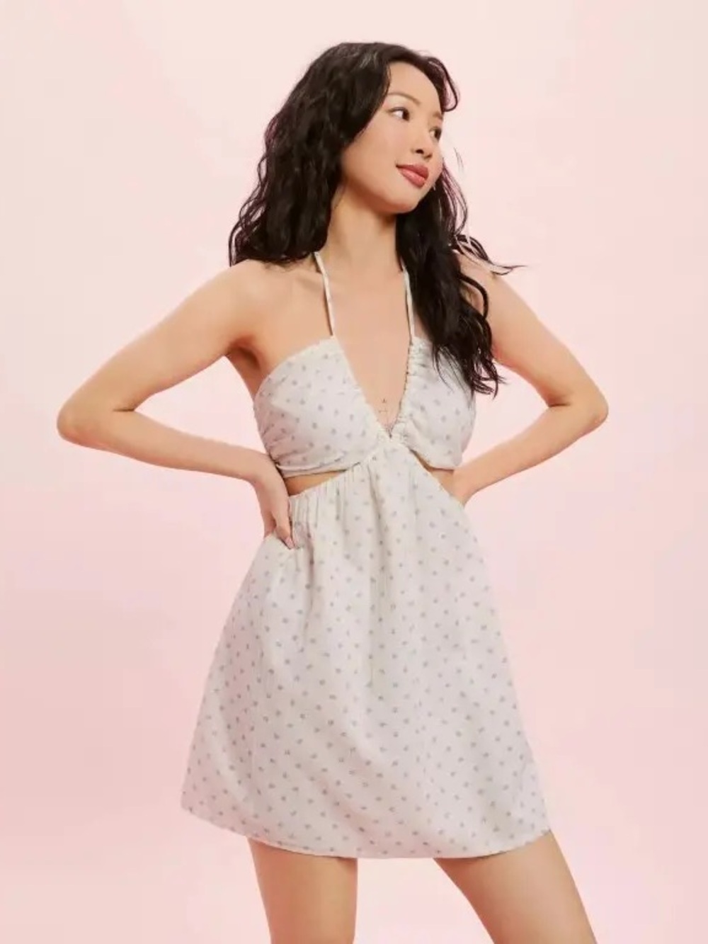 100% Cotton Ruched Cut-Out Halter Mini Dress
